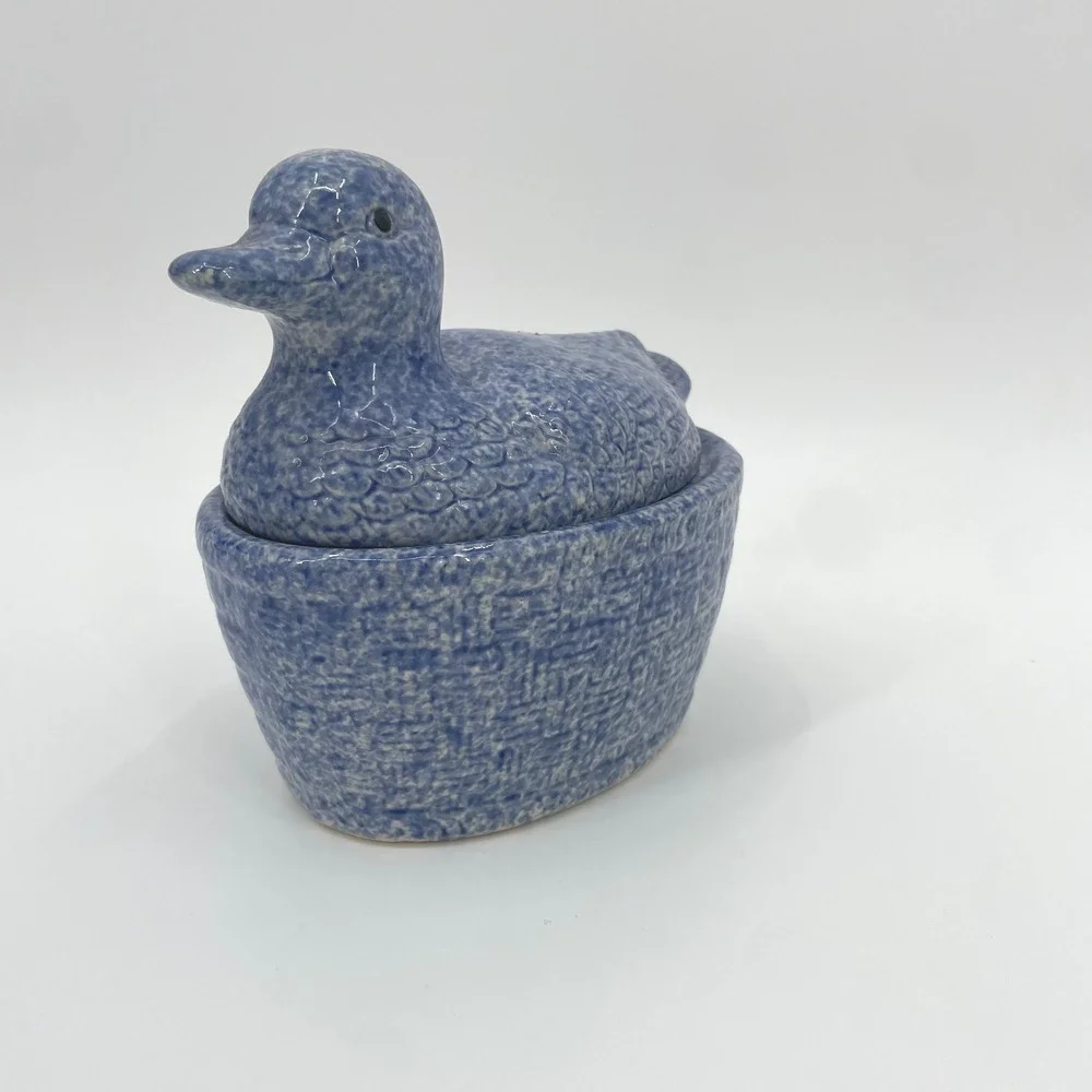 Unbranded Duck Trinket Box Blue Sponge Ware Ceramic Country Cottage‎ Decor Small